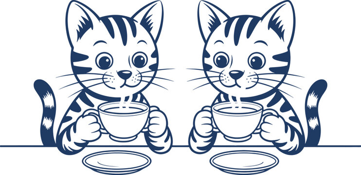 Two cute cartoon tabby cats drinking hot tea from cups