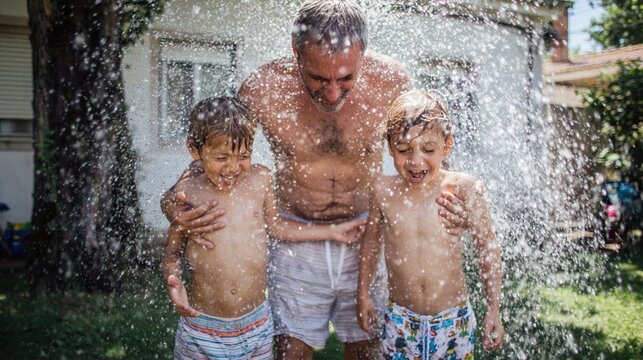 Happy father playing with two sons under garden sprinkler on a sunny summer day, laughing and getting wet together in backyard fun.