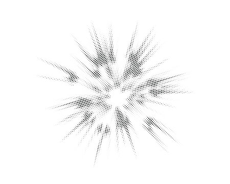 Black halftone dots form a striking radial explosion burst pattern on a clean white background.