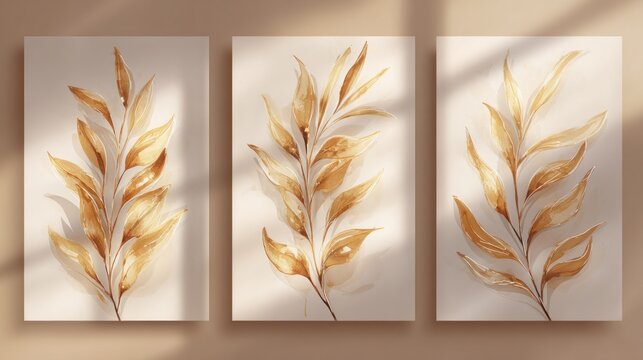Three panels displaying golden botanical illustrations hung on a neutral wall with shadow overlays