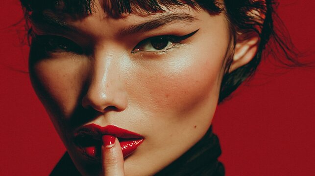 Close up portrait of woman with red lips and cat eye makeup holding finger to mouth against red background, sensual beauty and fashion concept.