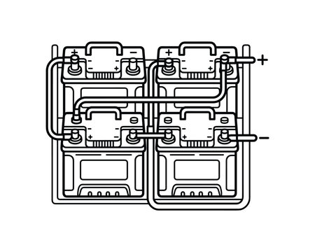 Black outline vector illustration of four car batteries connected in an electrical circuit.