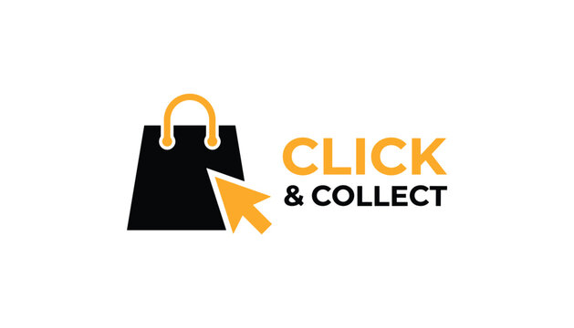 Black shopping bag icon with a golden handle and mouse pointer for click and collect service.