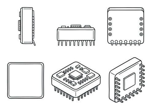 Black vector line art illustrations of diverse integrated circuit microchip packages.