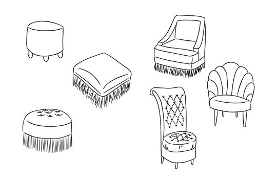 Collection of various upholstered chairs and ottomans with decorative fringes in a minimalist line drawing style, showcasing unique designs and shapes