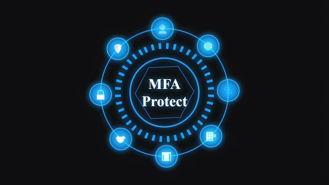 Glowing blue digital interface displays MFA protect text surrounded by rotating security icons and futuristic circles