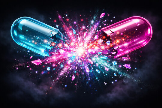 Abstract explosion of a blue and pink pill with glowing particles