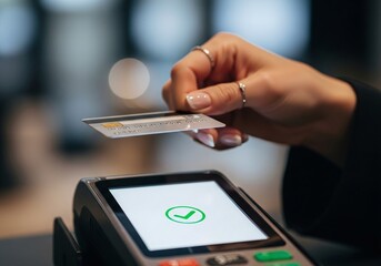Fototapeta premium Woman Holding Credit Card Above Payment Terminal, Contactless Payment Moment