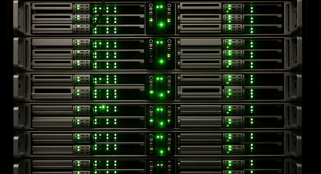 front view of a server room with green lights