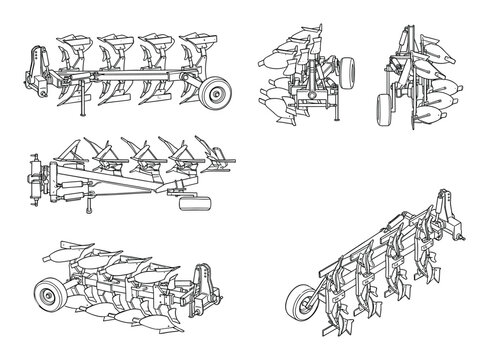 Detailed black line art drawings of a multi-furrow reversible plow shown from various views.