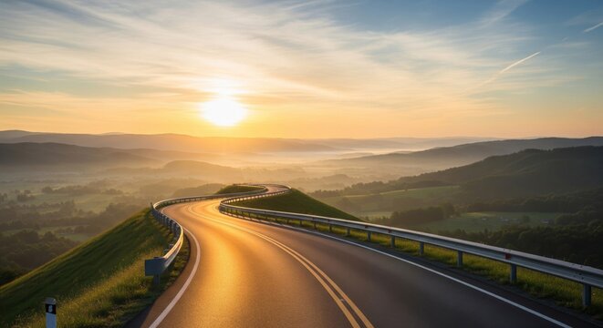 Scenic Road at Sunset with Golden Light and Rolling Hills View