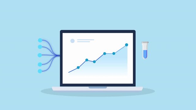 Minimal flat animation of a laptop displaying a rising data chart with incoming data lines and a test tube icon, representing analytics, experimentation, data testing, and performance growth.