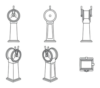Detailed vector outline of a ship engine order telegraph shown in multiple views.
