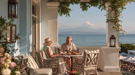 Obraz premium Senior couple enjoying breakfast on a sunny seaside terrace with ocean view and mountains in the distance, relaxed vacation lifestyle scene.
