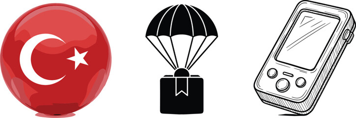 Turkey flag icon, parachute delivery symbol and handheld gaming device, mixed concept vector illustration for technology, logistics and national identity themes © Jahangir