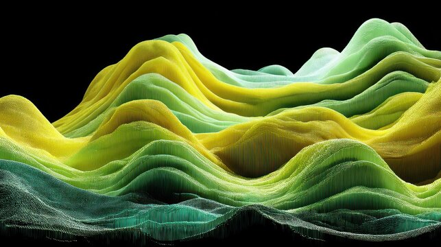 Abstract undulating terrain visualization showcases layered yellow and green textures against a dark background
