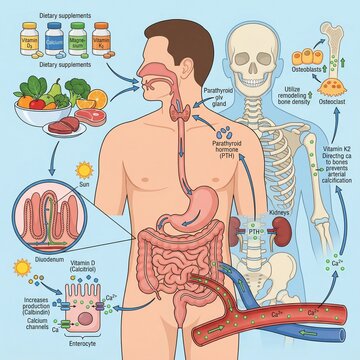 Detailed physiological illustration of mineral homeostasis and endocrine pathways regulating skeletal health and metabolic absorption