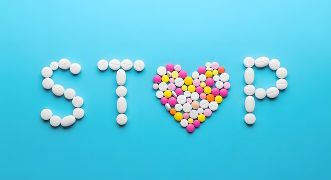 Pills forming the word 'stop' with a heart shape in the middle