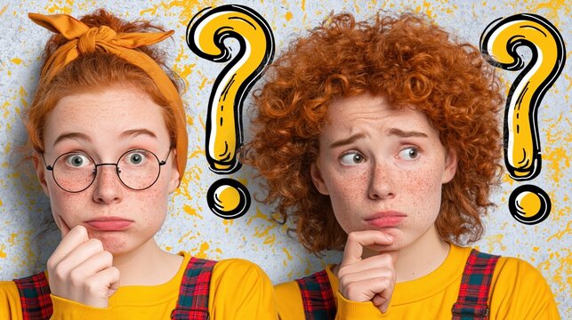 Confused redhead twins in yellow shirts with question marks, thoughtful facial expressions and copy space for problem solving concept or advertising banner.