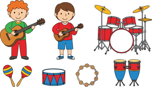 Cute kids playing musical instruments set with guitars drum kit maracas tambourine and bongos colorful cartoon vector illustration isolated on white background