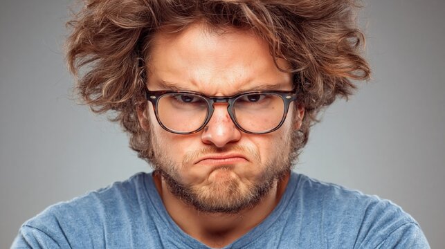 Close up portrait of young man with messy hair and glasses making angry frustrated face on neutral background.