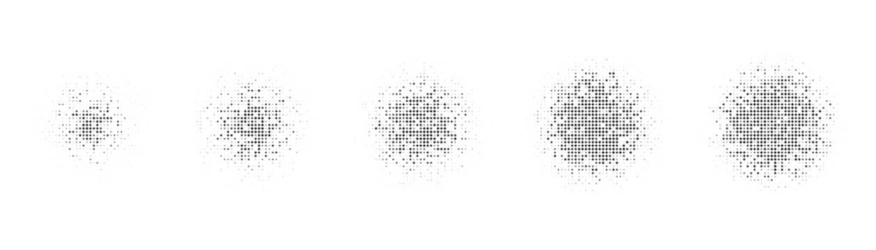 Halftone dot patterns showing diffusion or expansion across five distinct stages.