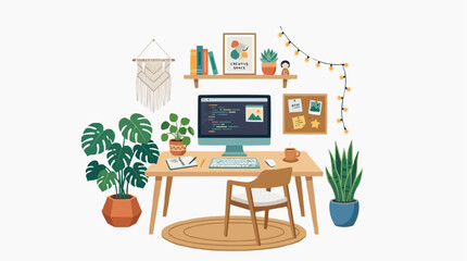 Fototapeta premium An inviting workspace, adorned with a computer and decorative elements, creates a visually appealing setting for productivity.