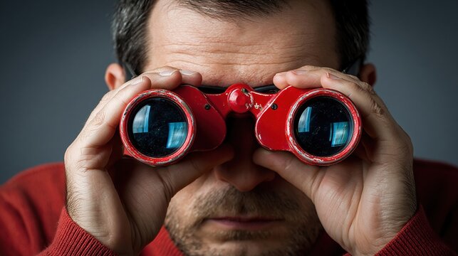 Close up portrait of man looking through red binoculars, concept of vision, search, focus and future planning on dark background.