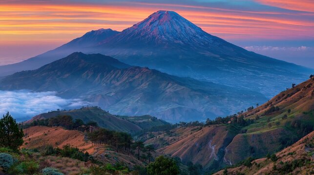 Colorful sunrise landscape with majestic mountain peak above misty valleys and rolling hills, scenic nature background with copy space for travel or advertising.