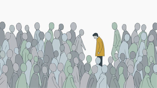 A solitary figure, bathed in somber light, stands amidst a faceless crowd, expressing the profound emotion of loneliness and isolation. A powerful representation of a common experience.