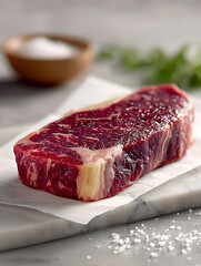 Obraz premium Fresh Raw Marbled Ribeye Steak on Parchment Paper for Gourmet Cooking