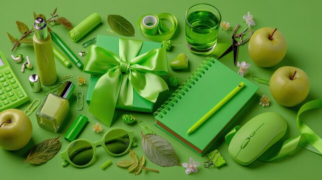 Green flat lay of office supplies gift box apples and accessories on monochrome background for eco branding design and social media banners.