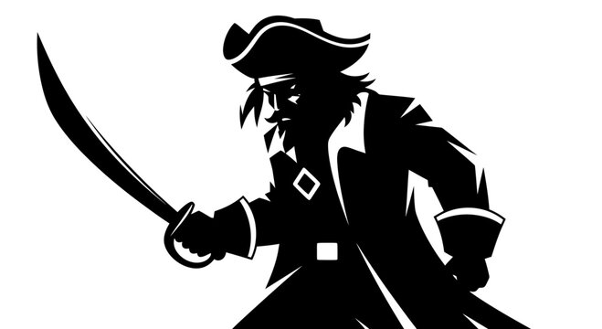 Silhouette Illustration of a Powerful Pirate Captain Holding a Cutlass Sword