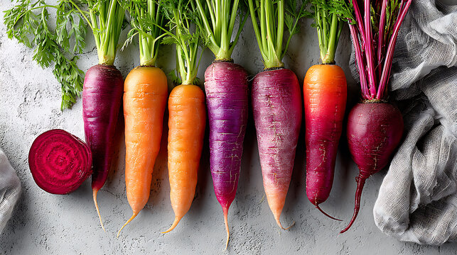 Fresh Organic Colorful Heirloom Carrots and Beetroots on Dark Slate Texture