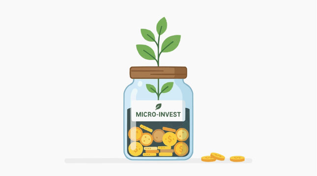 A conceptual illustration of financial growth, showcasing a glass jar filled with gold coins, with a vibrant plant sprouting from its top.