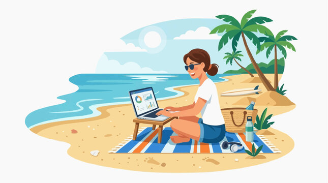A woman diligently works on her laptop at a serene beach location, bathed in natural light, palm trees add a tropical vibe, as she works remotely.