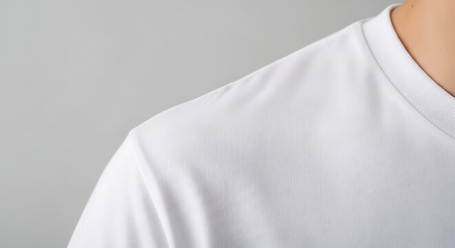 Close-up of white textured fabric t-shirt shoulder and neckline on a person