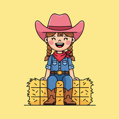 Obraz premium Cute Little Cowgirl Character Sitting on Hay Bale Vector Illustration