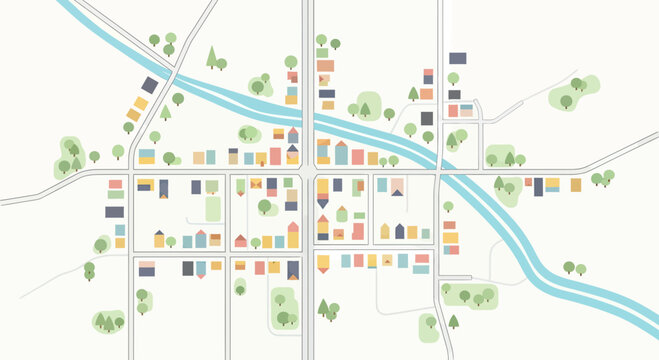 Top view of a minimalist suburban neighborhood map illustration featuring colorful houses, a winding river, and green parks in a flat vector style.