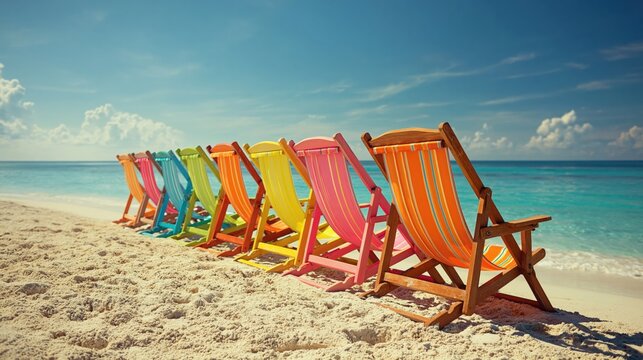 Colorful deck chairs in a row on a sunny tropical beach with turquoise sea and blue sky, summer vacation background with copy space.