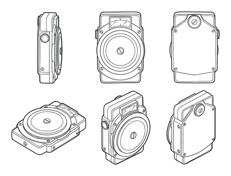 Technical drawing of a light exposure meter presented in six detailed isometric and orthogonal views.