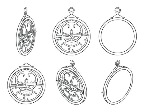 Vector black and white line art illustrations of an antique astrolabe from various perspectives.