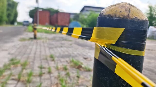 Yellow and Black Caution Tape on Bollard for Restricted Area Access Control