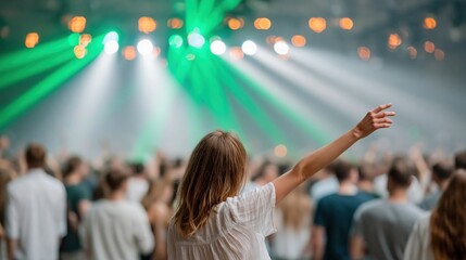 Naklejka premium This vibrant image captures a crowd enjoying a music festival, complete with dynamic lighting and an electric atmosphere, inviting feelings of joy and connection.