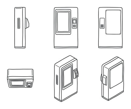Vector black line art of vending machine views including front, side, top, and isometric.