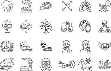Fototapeta premium Air Pollution and Environmental Issues Icon Set Featuring Global Warming Factory Smoke Deforestation Human Health Impact and Toxic Waste Outline Vector Elements.