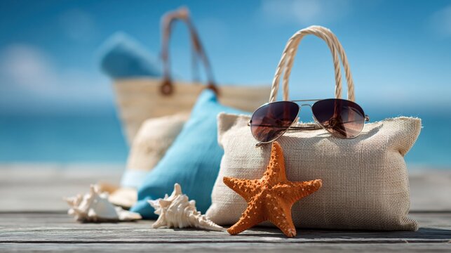 Summer beach accessories flat lay with bag sunglasses starfish and seashells on wooden pier with blue sea background and copy space for holiday travel concepts.