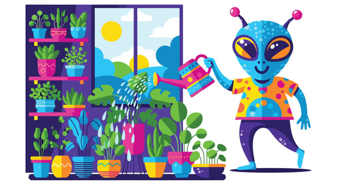 A blue alien waters plants on a shelf