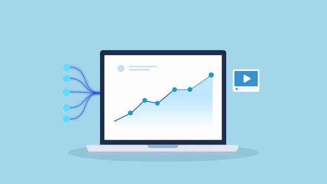 Minimal flat animation of a laptop showing a rising data chart with incoming data lines and a video interface icon, representing analytics, streaming data flow, and digital performance growth.