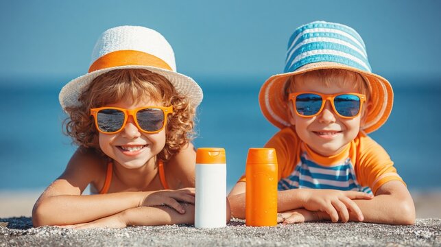 Happy kids in sunglasses lying on beach sand with sunscreen bottles, summer vacation concept with blue sea background and space for holiday advertising.